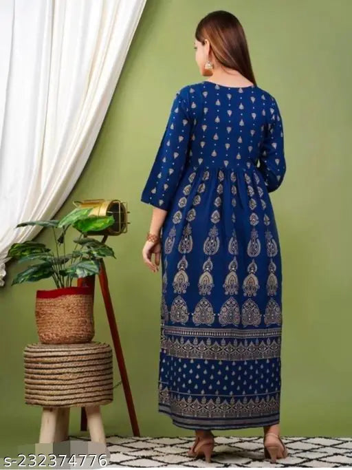 Viscose rayon three-quarter sleeve printed combo Banita fashionable kurti, vibrant Indian attire on model