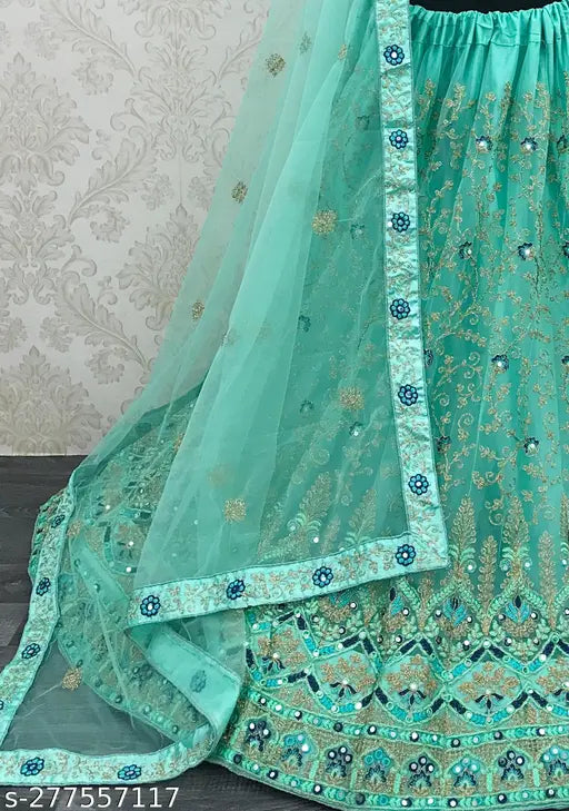 Aqua Blue Net Lehenga Choli with Embroidery - Traditional Indian Women's Fashion, Free Size, 2.5m Dupatta Length