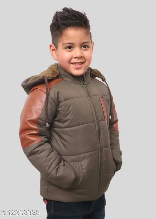 Olive polyester jacket for boys, solid color, long sleeves, size 12-13 years (40 in chest), made in India