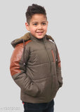 Olive polyester jacket for boys, solid color, long sleeves, size 12-13 years (40 in chest), made in India