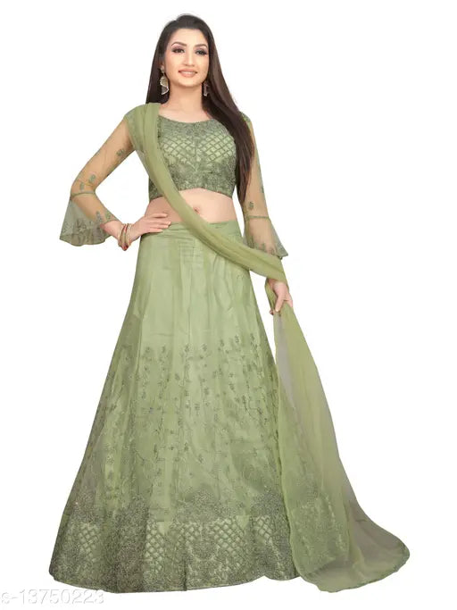 Green embroidered nylon net flared lehenga with unstitched blouse, semi-stitched Indian wedding wear on mannequin