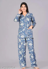 Printed rayon slub full sleeves night suit for comfortable sleepwear