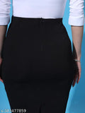 Black stretchable cotton blend knee-length pencil skirt with self-design net pattern, available in sizes 26, 28, 30, 32, and 34