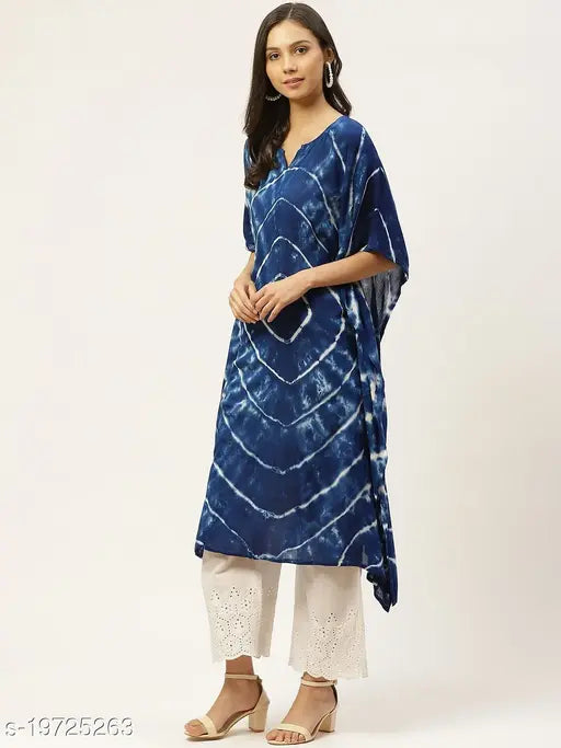Blue rayon kaftan kurti with dyed/washed pattern, three-quarter sleeves, loose fit for women, size S-XXXL