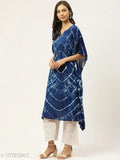 Blue rayon kaftan kurti with dyed/washed pattern, three-quarter sleeves, loose fit for women, size S-XXXL