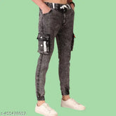 Stylish grey, black, and blue six-pocket cargo denim jeans for men, sizes 26 to 36. Premium denim crafted for durability and comfort