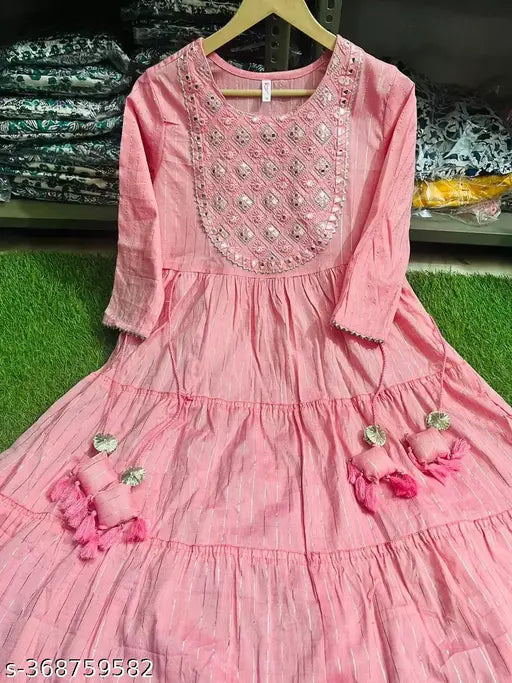 Pink lurex gown, embroidered net, rayon slub three-quarter sleeves, India-made evening wear