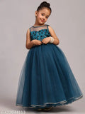 Teal blue net party dress for kids, embellished design, sizes 1-9 years