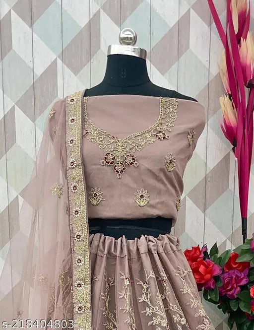 Embroidered lavender lehenga choli set, semi-stitched Zari work with leheriya pattern and half sleeves for festive/wedding occasions