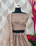 Embroidered lavender lehenga choli set, semi-stitched Zari work with leheriya pattern and half sleeves for festive/wedding occasions