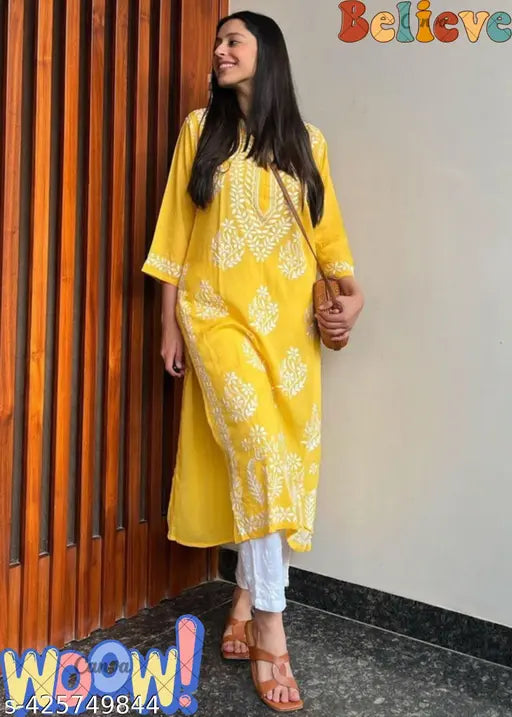 Embroidered rayon Chikankari Kurta and pants, intricate floral pattern on three-quarter sleeves set, Indian handcrafted traditional attire