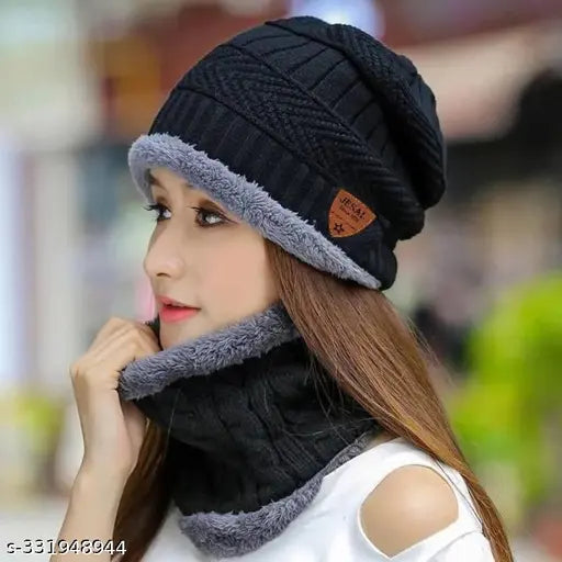 Wool unisex beanie cap & muffler scarf combo, soft & warm winter wear accessory