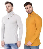 Grey cotton-blend long sleeve solid shawl t-shirts pack for men, India origin