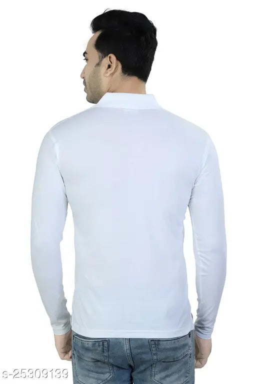 White solid cotton polo neck t-shirt for men, full sleeve with long length, on hanger