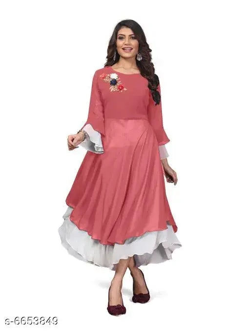 Embroidered Georgette Anarkali Kurti, three-quarter sleeves, Indian embroidery on traditional women's fashion