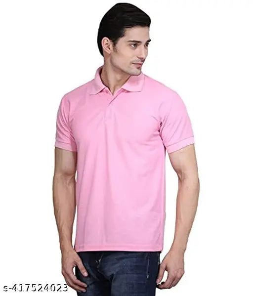 Men's pink cotton blend polo neck t-shirt, short sleeves, solid design. Ideal for casual and semi-formal occasions. Available in S, M, L, XL, XXL. Made in India