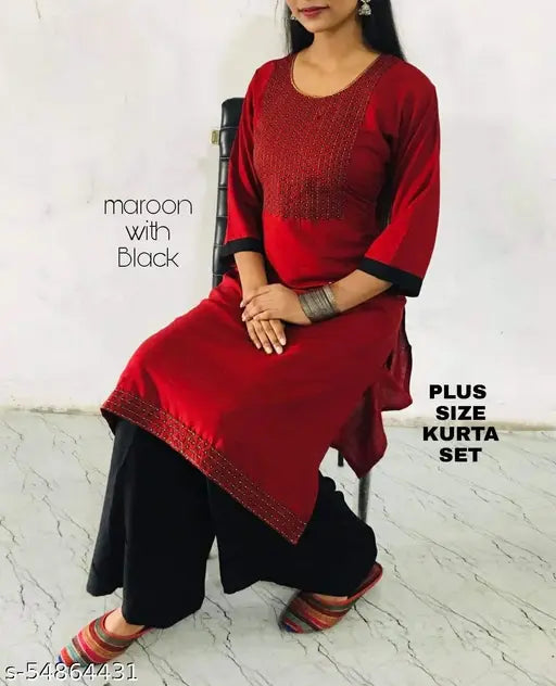 Rayon slub plus size embroidered kurta set with palazzos, three-quarter sleeves, India origin