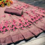 Fancy net Bollywood party saree with embroidered floral motif & unstitched blouse piece, Indian-made, perfect for daily wear and formal events