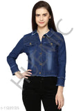 Distressed denim jacket, long sleeves, dyed/washed, vintage-inspired garment for casual wear on hanger
