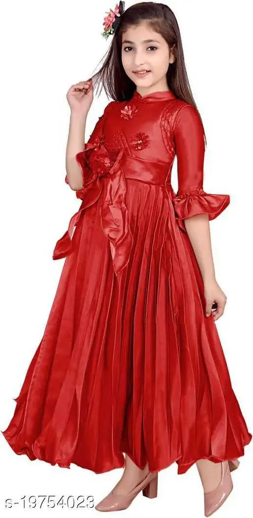 Maroon satin frock dress for girls, single pack with three-quarter sleeves, solid pattern, sizes range from 3-4 years to 10-11 years