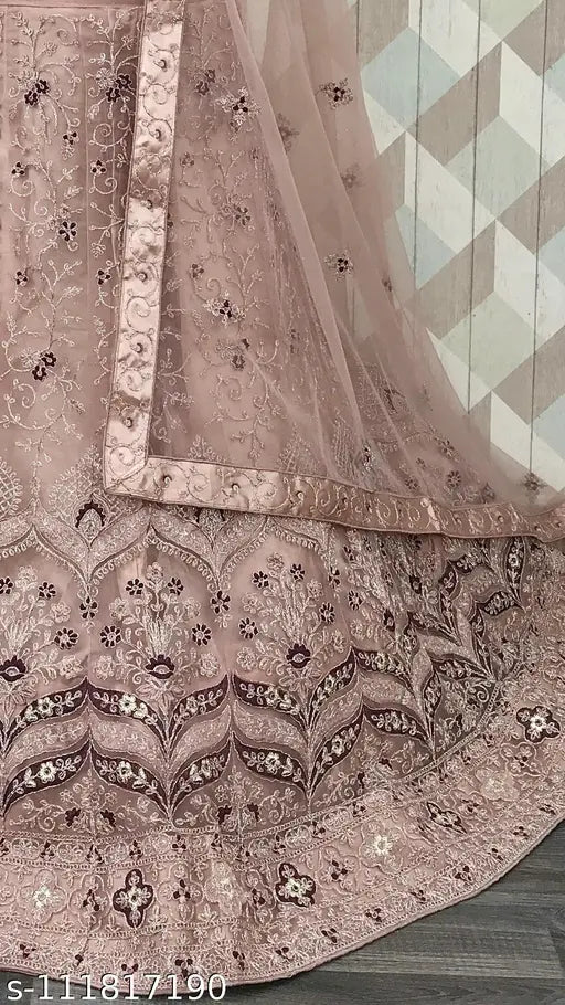 Lavender embroidered net Lehenga Choli set with 2.5m dupatta, semi-stitched blouse - popular Indian ethnic wear for parties or festivals