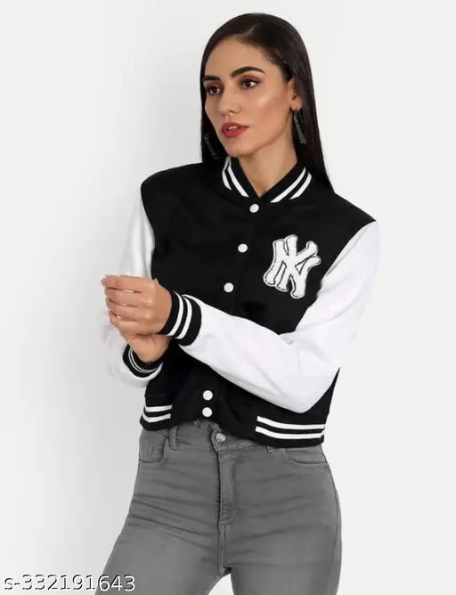 Black wool Trendy NY Print Bomber Jacket for Women/Girls, printed sleeves, winter wear essential