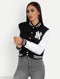 Black wool Trendy NY Print Bomber Jacket for Women/Girls, printed sleeves, winter wear essential