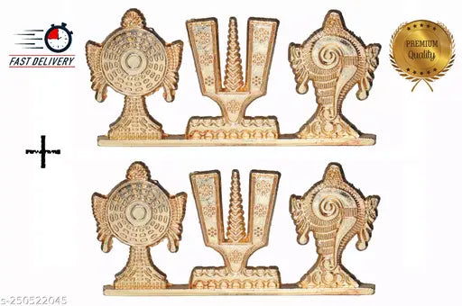 Gold-plated Tirupati Balaji symbol Shankh Chakra decorative set for home and office table showpieces, religious idol figurines on display stand