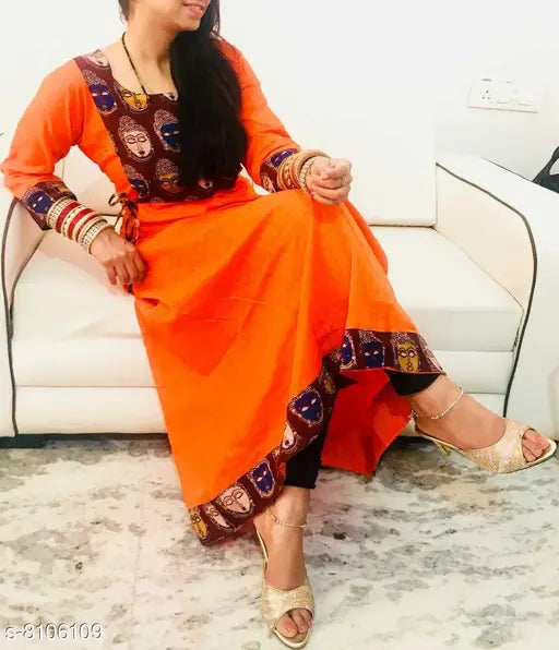 Orange rayon slub flared printed kurti, three-quarter sleeves, Indian women's fashion