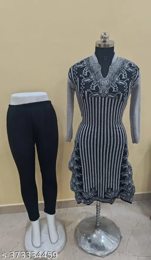 Grey-black striped woolen kurta & pants set for women, featuring long sleeves
