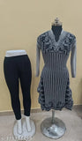 Grey-black striped woolen kurta & pants set for women, featuring long sleeves