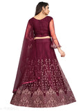 Maroon embroidered nylon net wedding lehenga with unstitched blouse, intricate design on flared silhouette