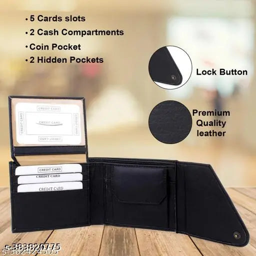 Tysra Men's Solid Leatherette Tri-fold Compact Wallet - Slim design with ID window, coin pocket, and multi-card slots in a high-quality, hand-stitched leather texture, ideal for everyday use and perfect gift presentation