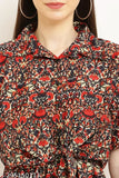 Black crepe two-piece printed Western style jumpsuit for ladies, intricately patterned for fashionable occasions