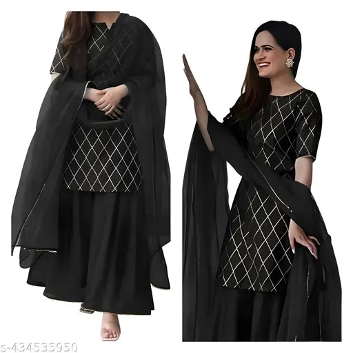 Diwali shopping: Black Rayon gold printed kurti set with sharara dupatta and bottomwear, embroidered design, great for casual & formal wear (S-XXXL sizes available)