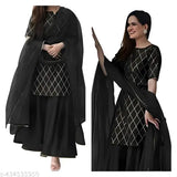 Diwali shopping: Black Rayon gold printed kurti set with sharara dupatta and bottomwear, embroidered design, great for casual & formal wear (S-XXXL sizes available)