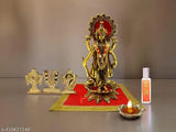Premium aluminum gold-finished Chaturbahu Vishnu standing on lotus flower religious figurine, DIYA/oil lamp and moti mala on red velvet carpet puja chowki ornament for Satya Narayan vrat katha, ekadashi, Lakshmi. Indian handicraft sculpture of Bhagwan Vishnu in spiritual decor