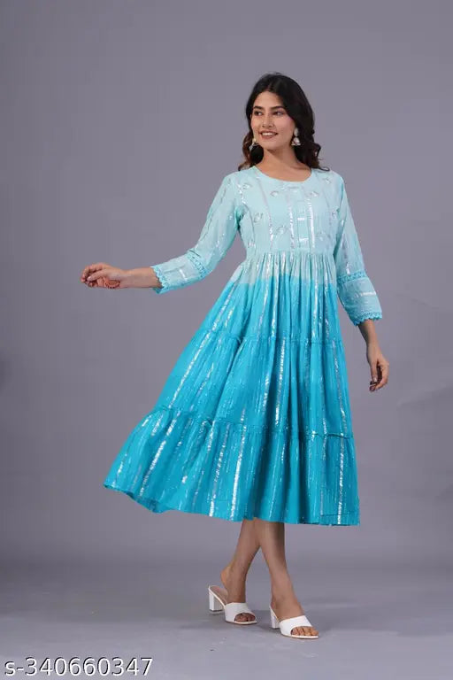 Striped cotton lurex anarkali gown, three-quarter sleeves, Indian embroidered tie-dye