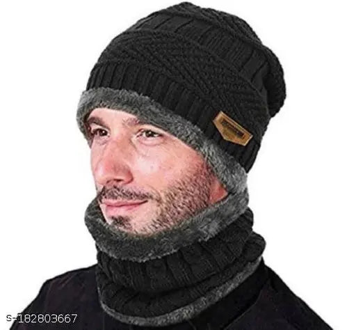 Wool winter beanie hat & scarf set, fur-lined Thandi ka Topa for man and woman