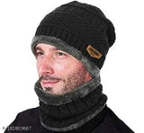 Wool winter beanie hat & scarf set, fur-lined Thandi ka Topa for man and woman