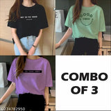 Lavish solid cotton biowash printed half-sleeve t-shirt with three designs, women's fashion, Indian origin