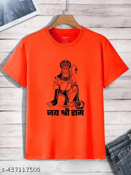 Stylish white polyester Hanuman Jai Shree Ram anime print t-shirt for kids, short sleeves, round neck