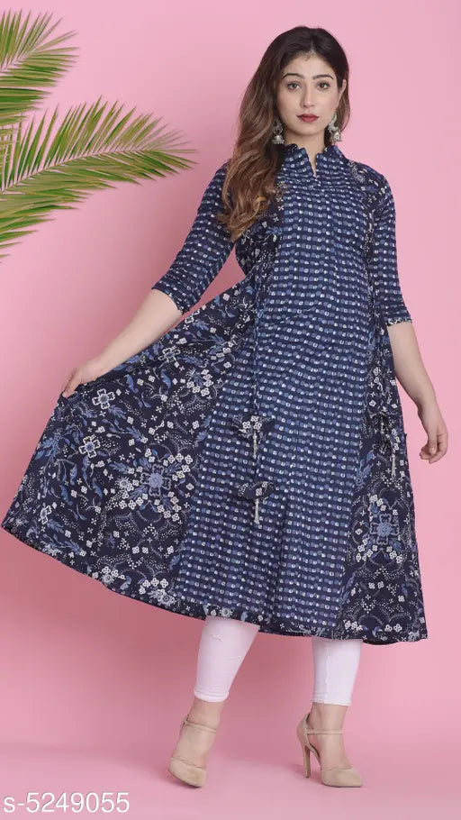 Cotton floral printed panelled kurti for women, three-quarter sleeves, Indian fashion