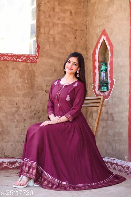 Embroidered rayon flared kurta, women's vine print 3/4 sleeves, suitable for festive and party wear