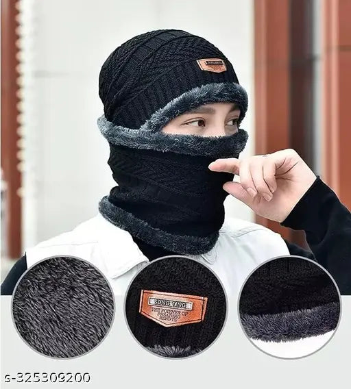 Woolen Men & Women Winter Cap Beanie with Touh screen Gloves, solid pattern, warm knit hat, thick fleece lined, India origin