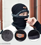 Woolen Men & Women Winter Cap Beanie with Touh screen Gloves, solid pattern, warm knit hat, thick fleece lined, India origin