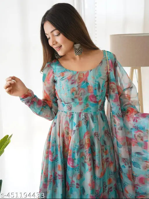 Indian organic Georgette gown set with digital print (Pack 1). Breathable, stylish, and perfect for functions & events