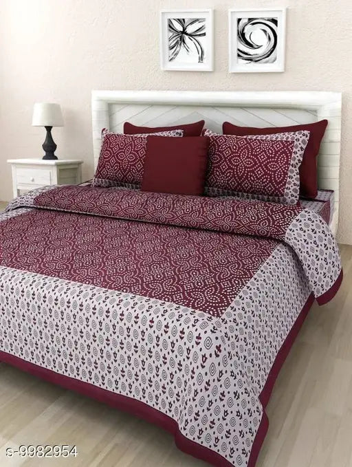 Sanganeri Print cotton queen double bedsheet set with 4 pillow covers, vibrant Indian textile for home decor