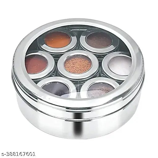 Stainless steel ATROCK Masala Box Set (7 containers, 125ml each, small spoon included) – airtight dry fruit jar for spices & herbs in Indian kitchens