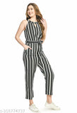 Women's black & white striped crepe jumpsuit, sleeveless, printed net pattern, L (38in bust, 57in length, 34in waist), India